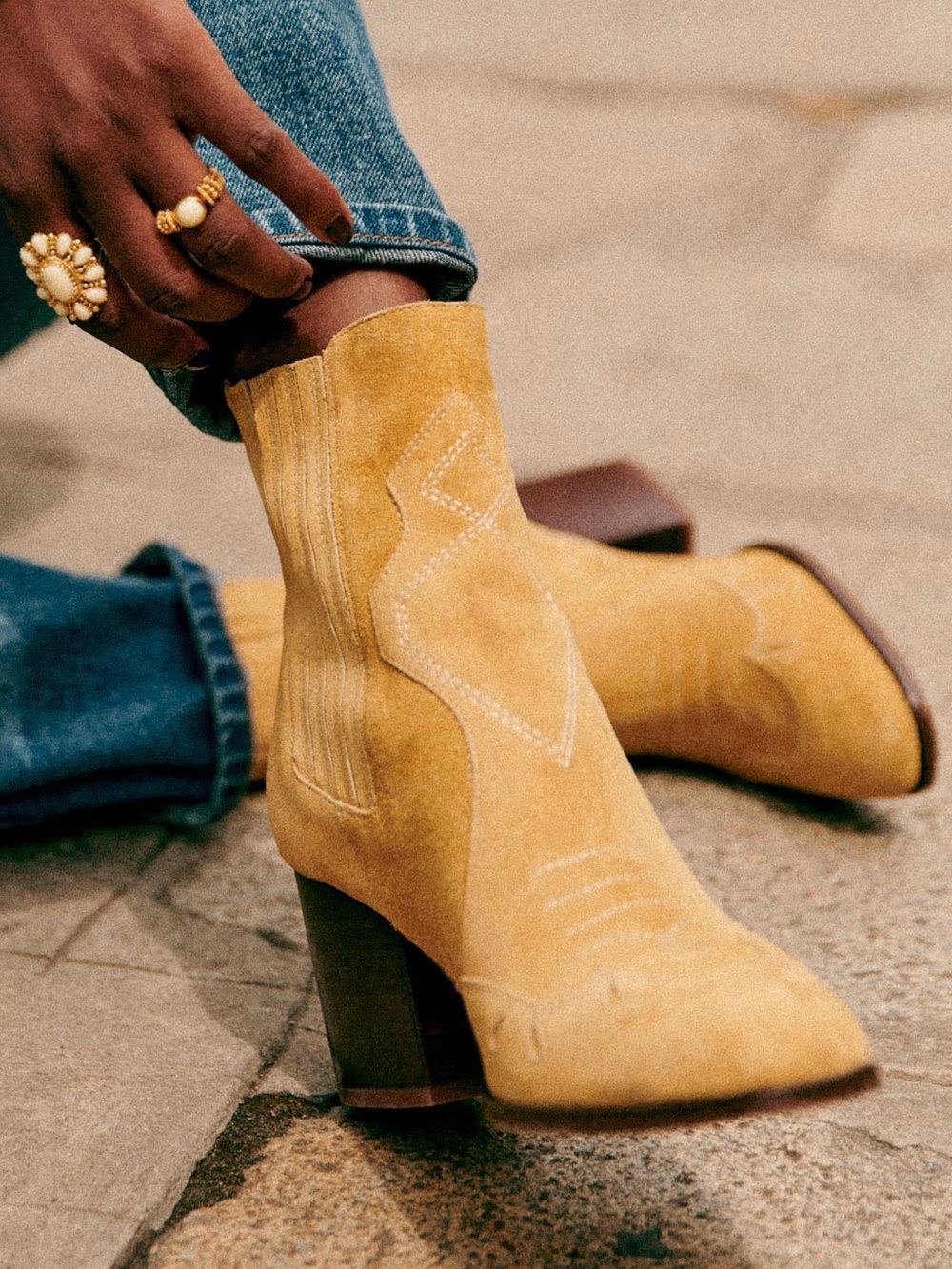 SEZANE Camel Tan Suede Leather Western Embroidered Mid Heel Frankie Ankle Boots
